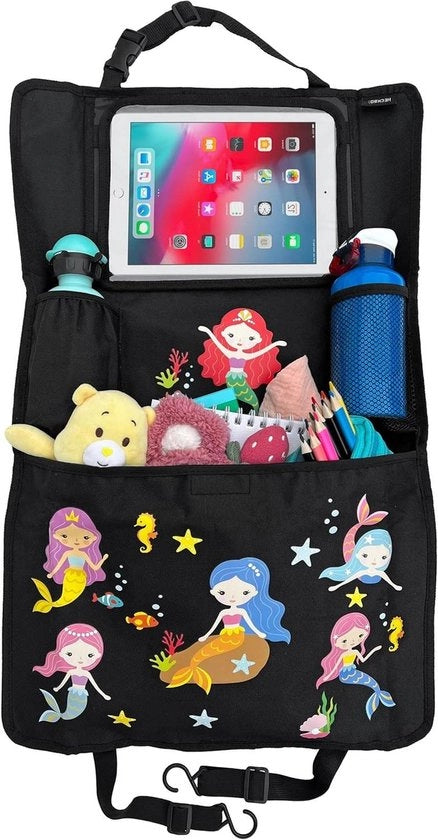 Organizzatore per il sostegno della schiena del sedile posteriore dell'auto per bambini con tablette regolabili e pellicola touchscreen fino a 20 pollici - design della sirenetta, universale 70 x 45 cm - comprensivo di borsa termica + rete estensibile