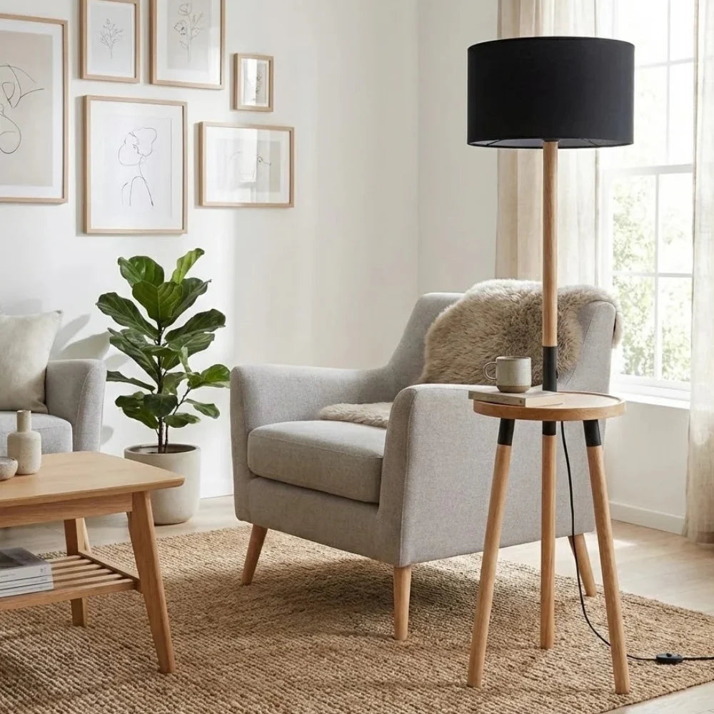 Lampada da terra Solana con struttura in legno e paralume nero | Duzzle