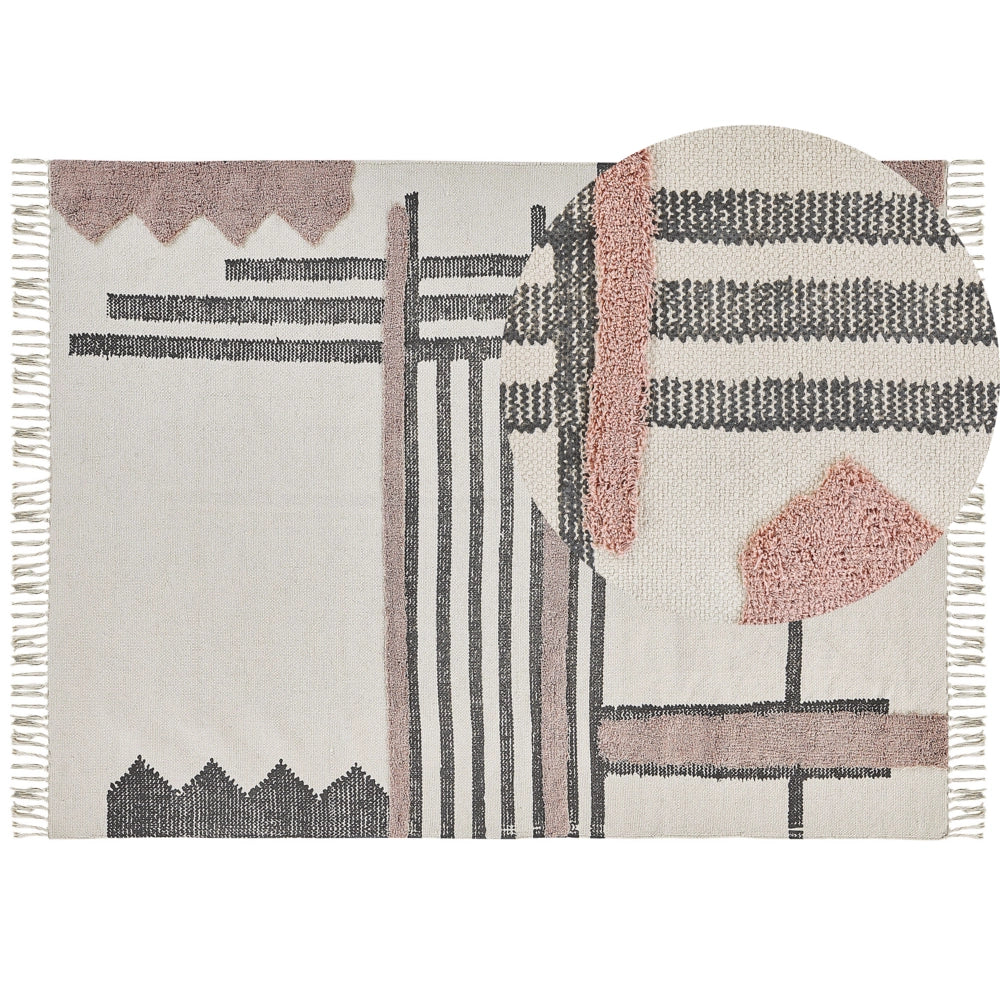 Tappeto in cotone beige e Nero tessuto a mano con frange 160 x 230 cm