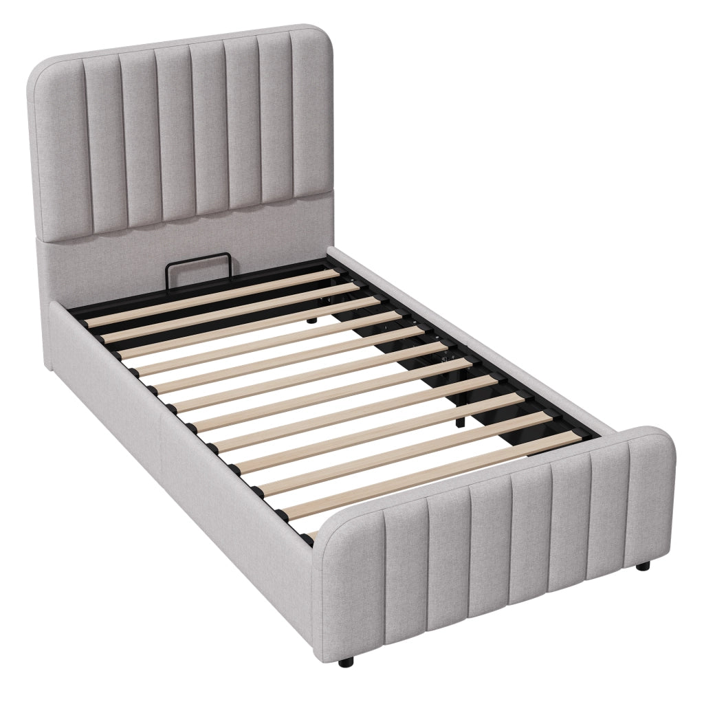 Letto per Bambini 90x200 cm; Contenitore idraulico; Testiera in Lino Grigio