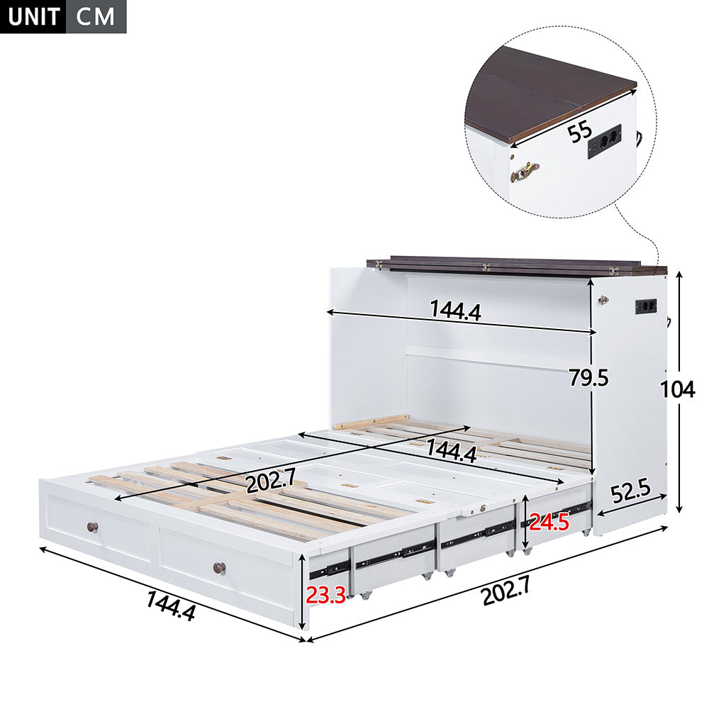 Letto a scomparsa con USB - Xylo - 140x200 cm - Bianco - Cassetti e mensola
