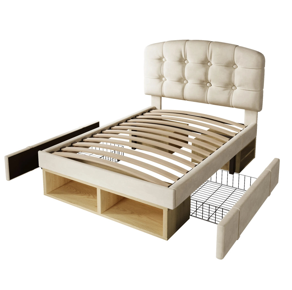 Letto singolo 90x200 cm con testiera regolabile; cassetti e vani; velluto beige