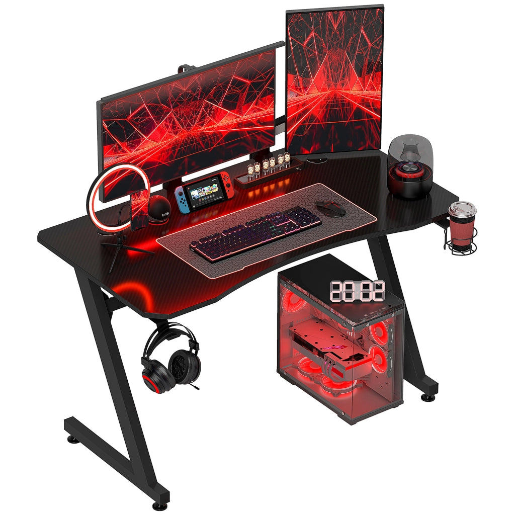 Scrivania Gaming con Supporto Monitor e Porta Auricolari ¨C zephmum ¨C Nero Effetto Fibra di Carbonio 120x65x74.5 cm