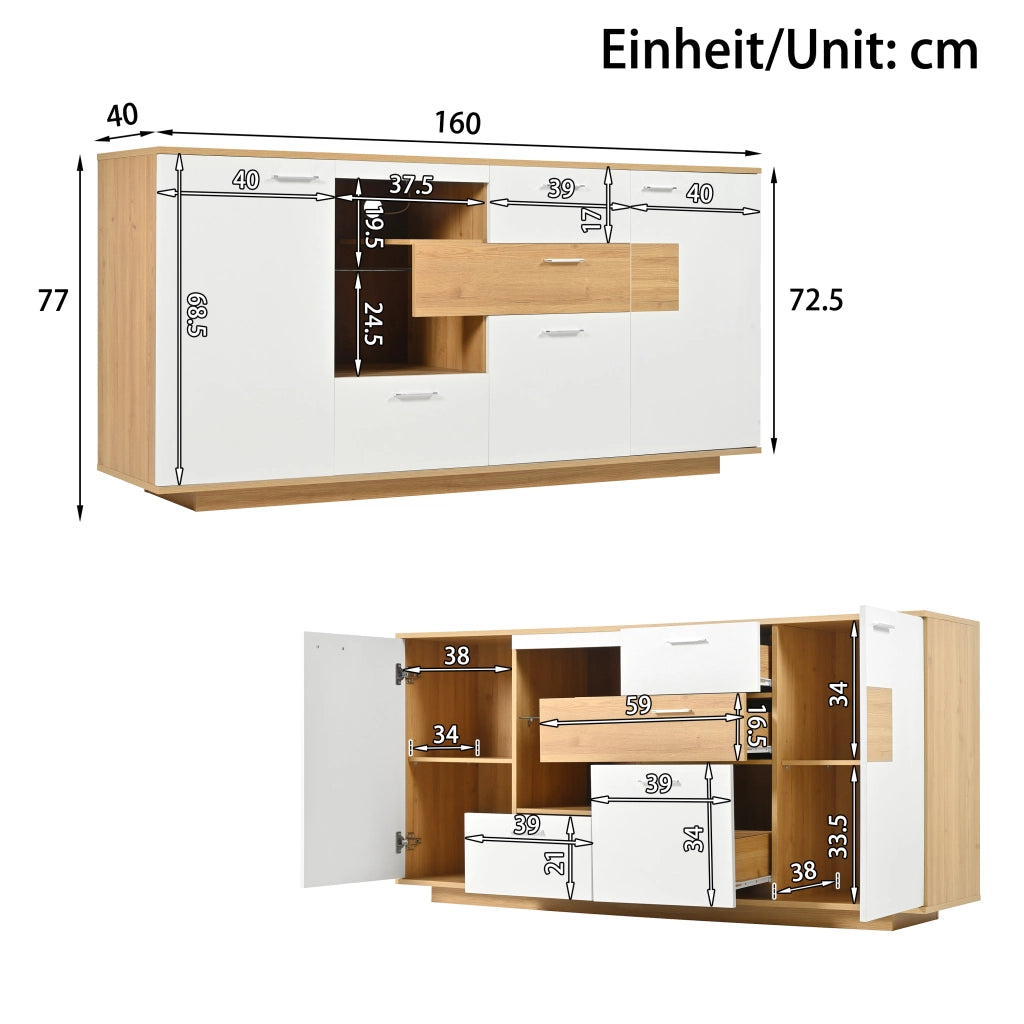 OKWISH Credenza Contenitore con 2 Ante e 4 Cassetti, Ripiani Regolabili e LED, per Soggiorno, MDF, 160 x 40 x 77 cm