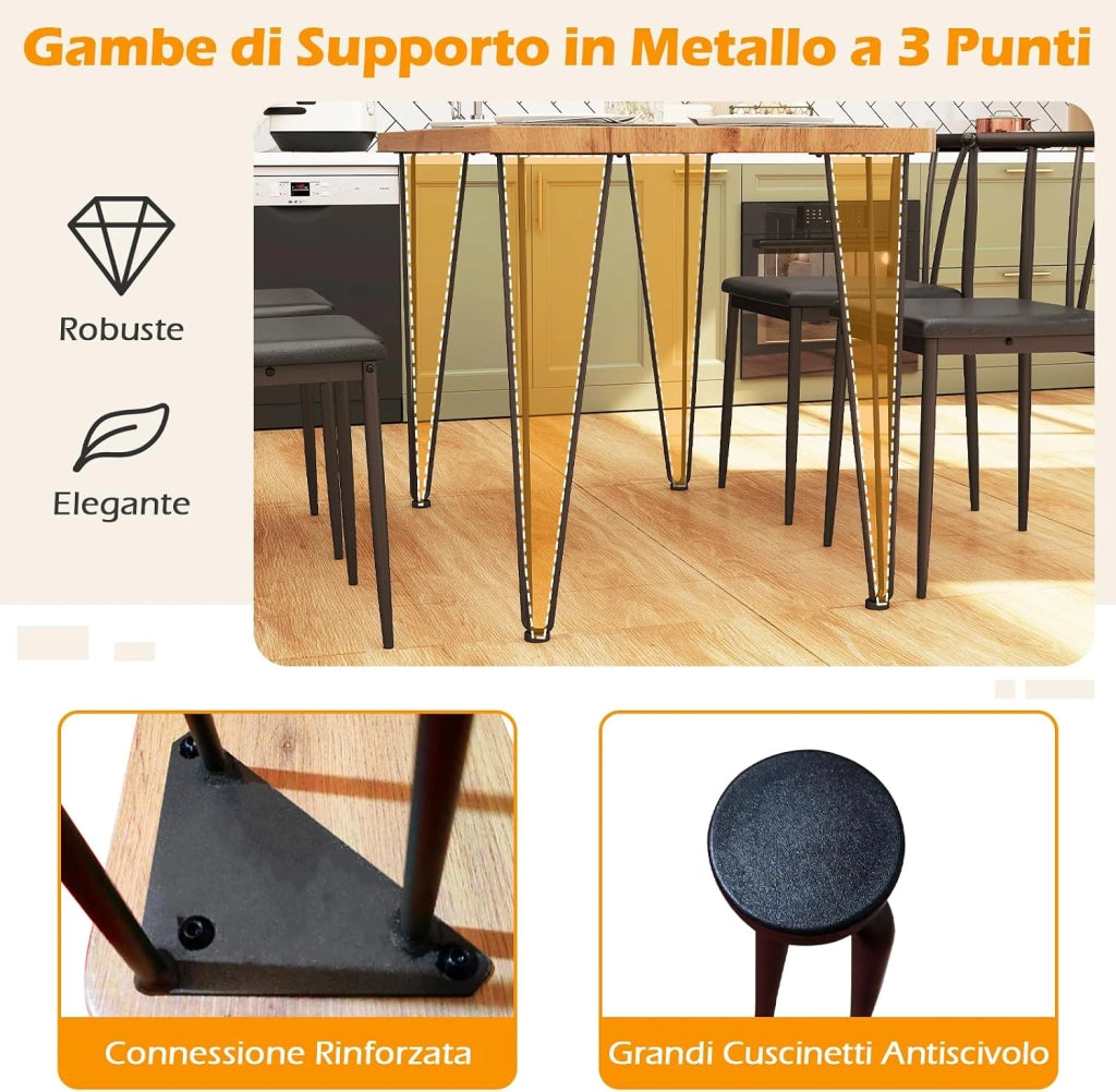 Set da Tavolo e Sedie da Pranzo, Tavolo da Cucina Industriale con 4 Sedie Senza Braccioli con Seduta Imbottita, Schienale a Raggiera, Set 5 Pezzi Mobili Salvaspazio per Sala da Pranzo