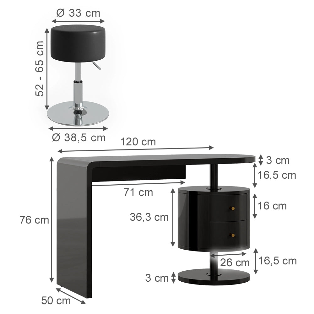 Vicco Tavolo da toeletta Nero lucido 120 cm con sgabello