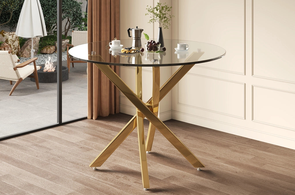 Tavolo rotondo in vetro temperato con gambe dorate 80 x 80 x 75 cm