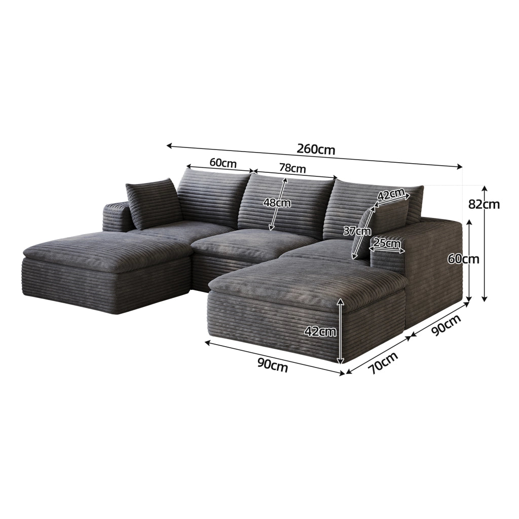 Divano 260 cm in Tessuto a Coste ¨C MINIMAL ¨C Grigio Scuro, Imbottito, Senza Montaggio