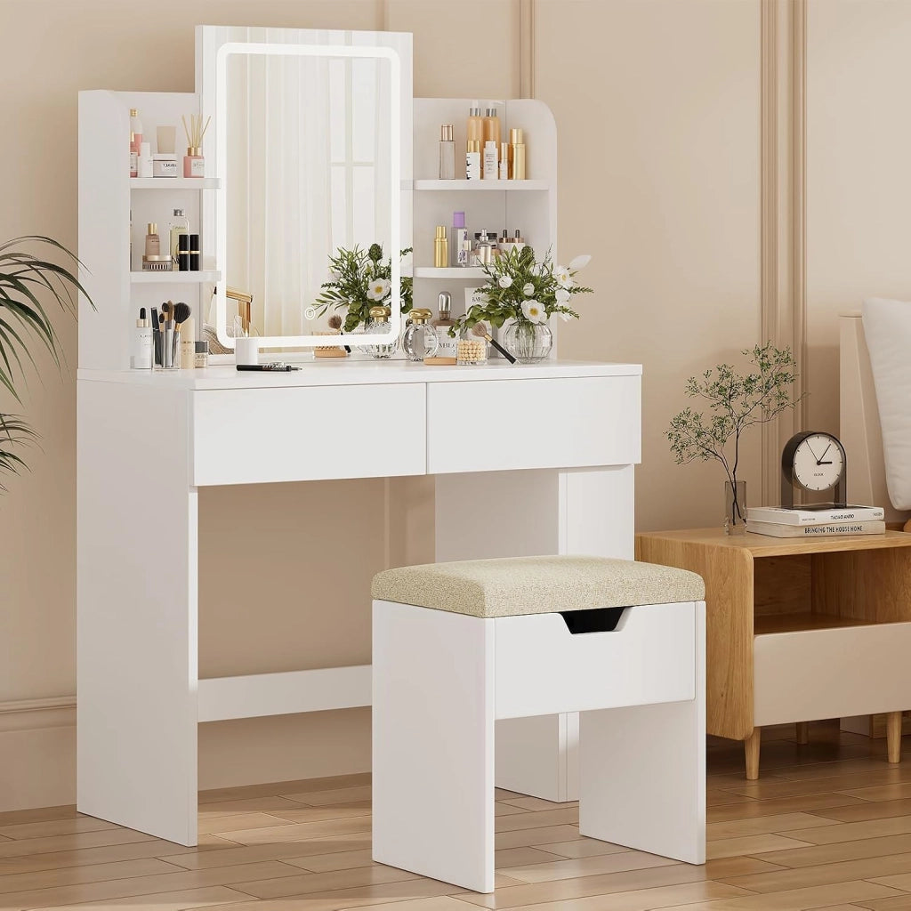 Sgabello Toeletta Trucco con Cuscino,Sgabello Per Trucco con Spazio Di Stoccaggio,Sedia da Make Up per Camera da Letto,Piedeappoggio,Bianco