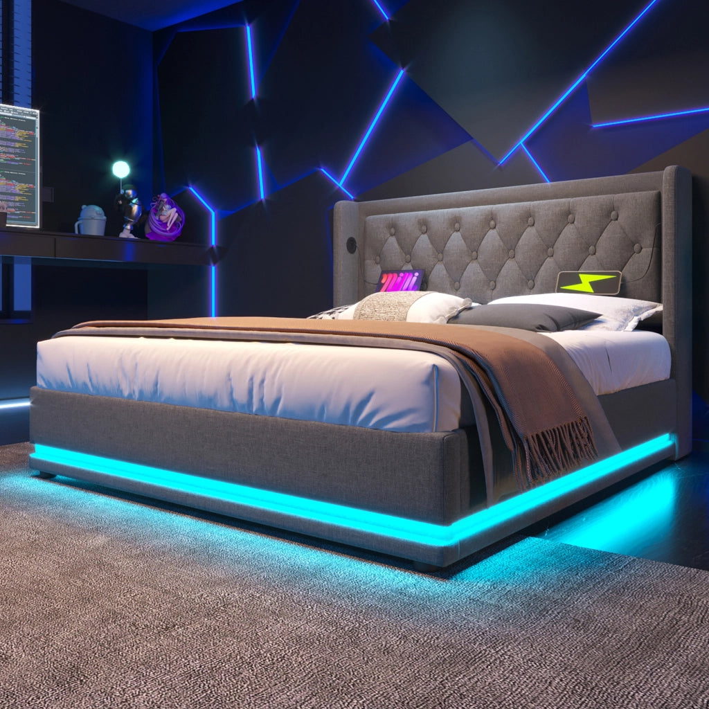 Letti contenitori 140x200 cm; contenitore con LED e USB; cotone; grigio (Senza materasso)
