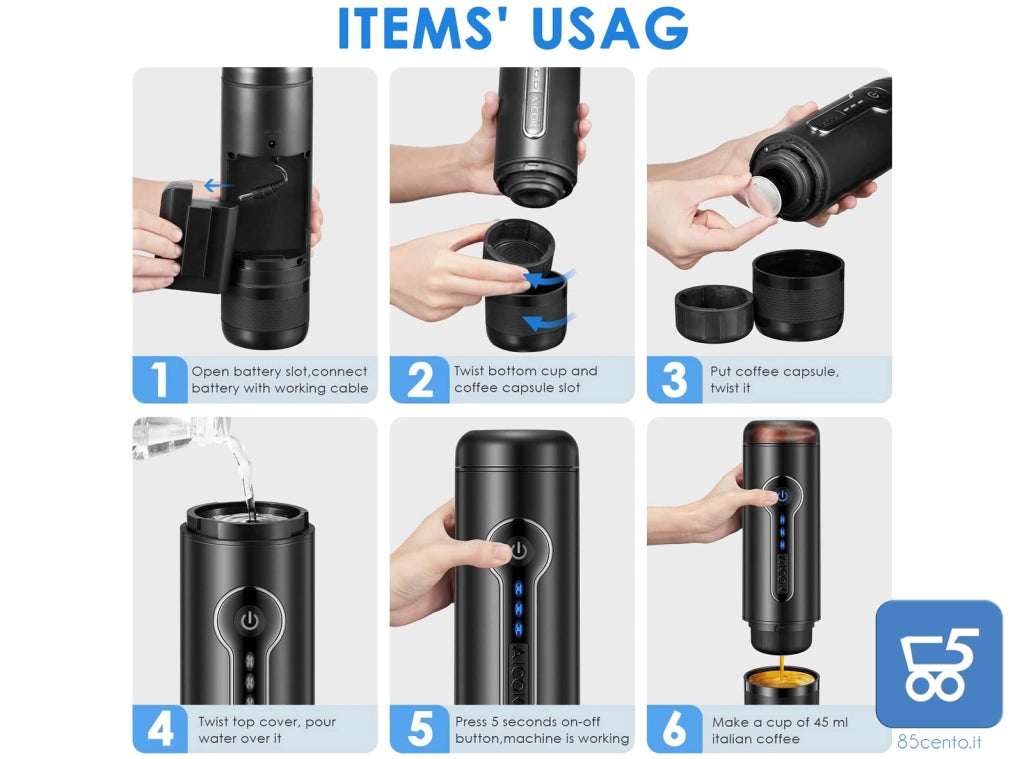 MACCHINA PER CAFFÈ PORTATILE A BATTERIA COMPATIBILE CON CIALDE NESPRESSO L'OR FUNZIONAMENTO 220V 12V AUTO