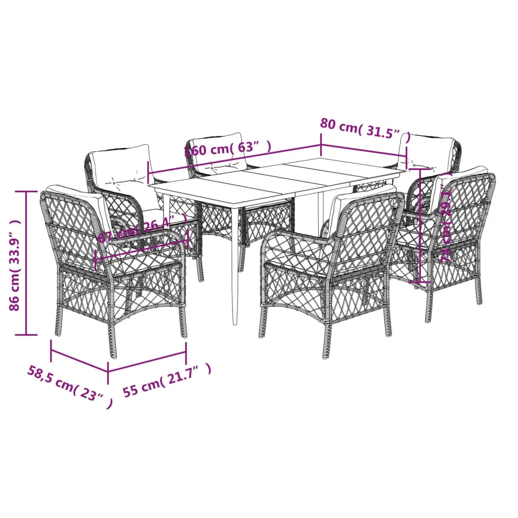 Set da Pranzo da Giardino 7pz con Cuscini in Polyrattan Marrone 3212114
