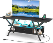 Mobile TV da 140 cm, Panca TV per TV da 55 a 65 pollici, Tavolo consolle a 3 livelli con luci a LED regolabili, cassetto in tessuto rimovibile, stazione di ricarica, per soggiorno, camera da