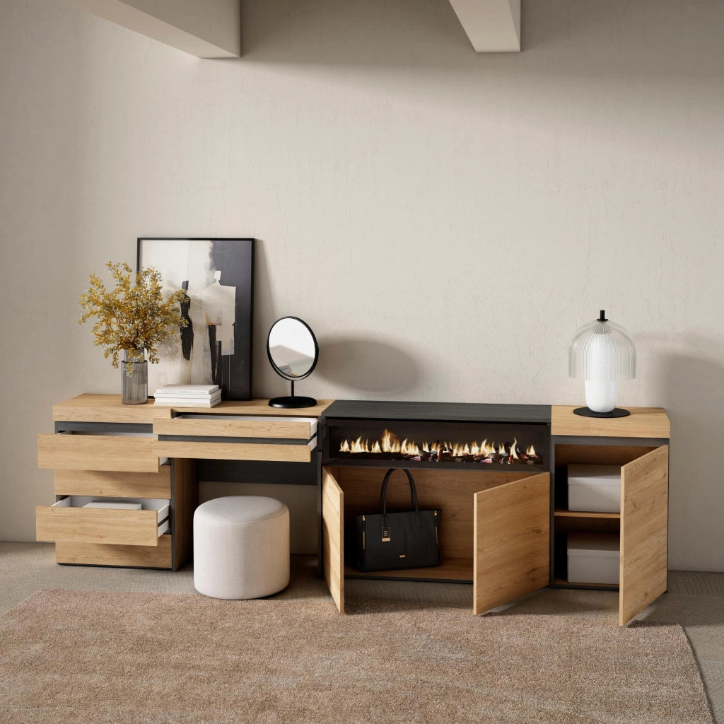 Credenza, 277x35x75cm, Camera da letto, Camino elettrico, Cassettiera, Tavolo da toeletta, colore Rovere RF3413