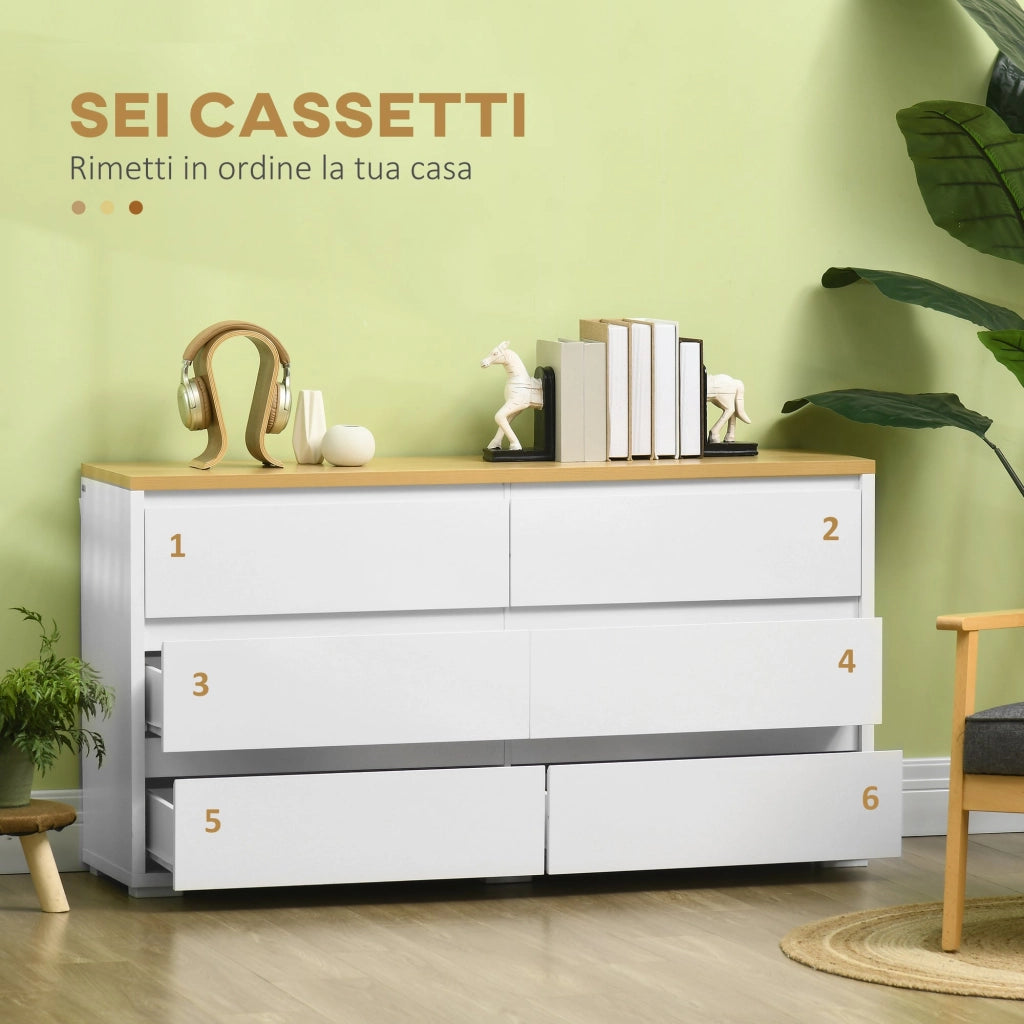 Cassettiera 6 Cassetti 140x37x75 cm in Truciolato Bianco e Color Legno
