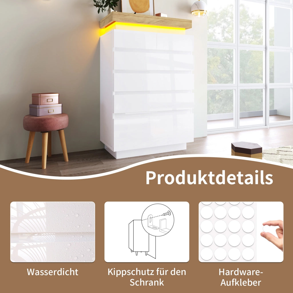 OKWISH Comò con 6 Cassetti e LED, Controllo Tramite App e Touch, per Camera da Letto o Soggiorno, Bianco, 73 x 39 x 115 cm