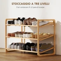 Scaffale Scarpiera a 3 Livelli per 12 Scarpe con Ripiani a Doghe in Bambù, 76x33x50.8 cm, Colore Legno