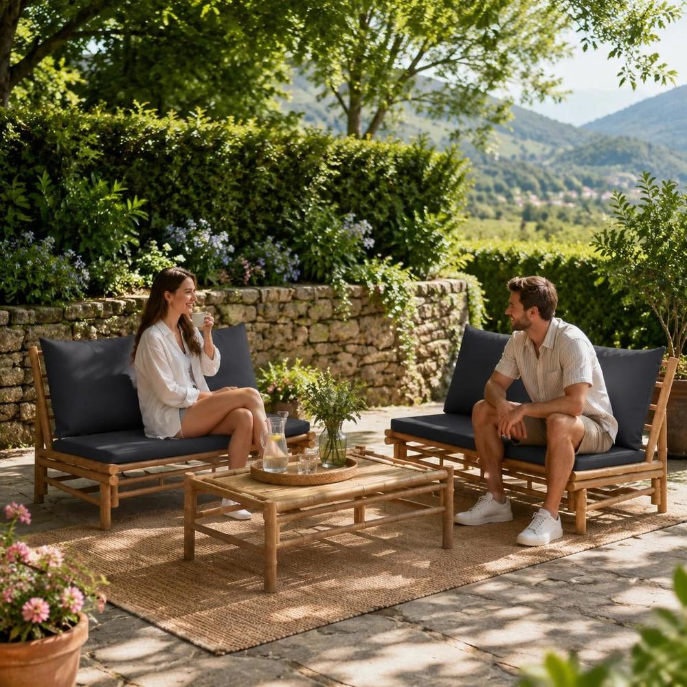Garden Bench With Dark Grey Cushions, Bamboo