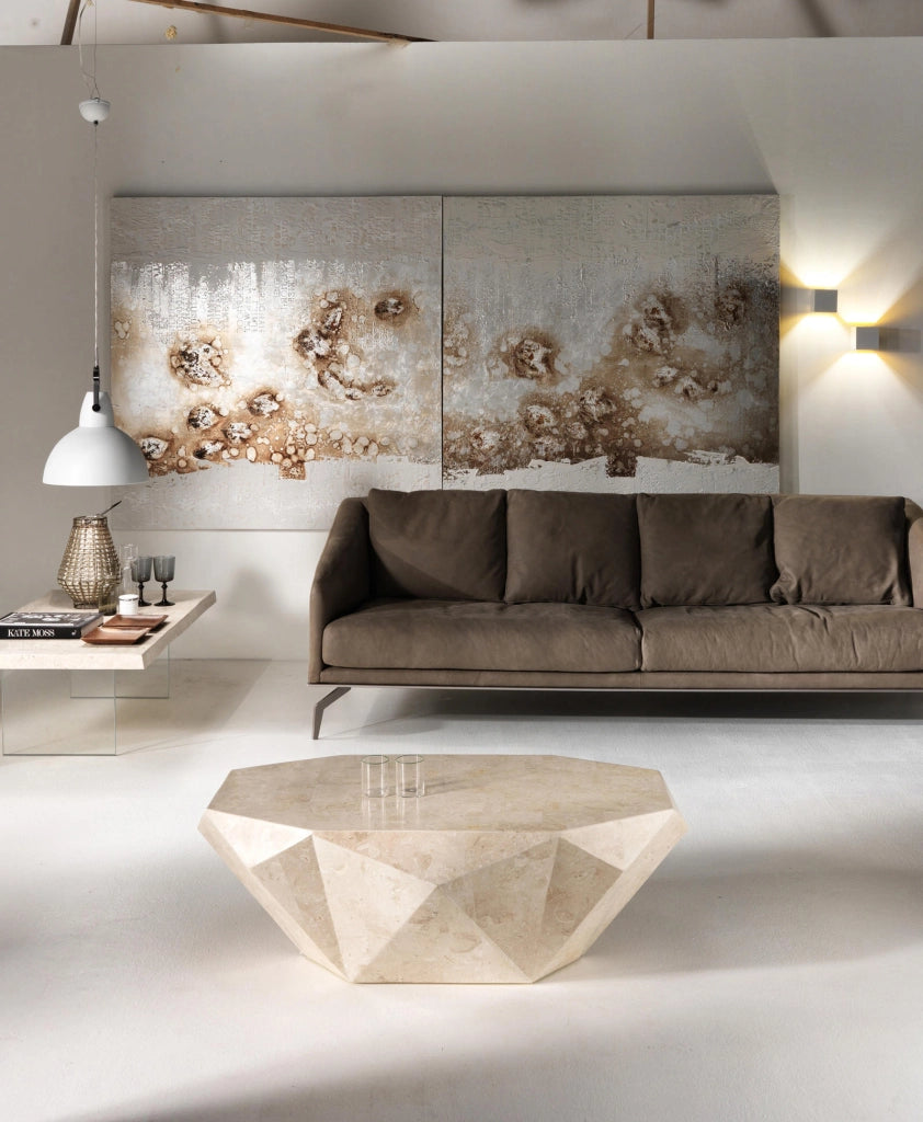 Diamond Medium Tavolino rettangolare in pietra fossile White Agata con struttura in compensato marino - Design contemporaneo 120cm