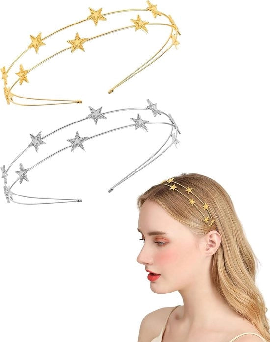 Set di 2 fascette metalliche con stelle e strass per donne, feste e matrimoni - Oro e Argento