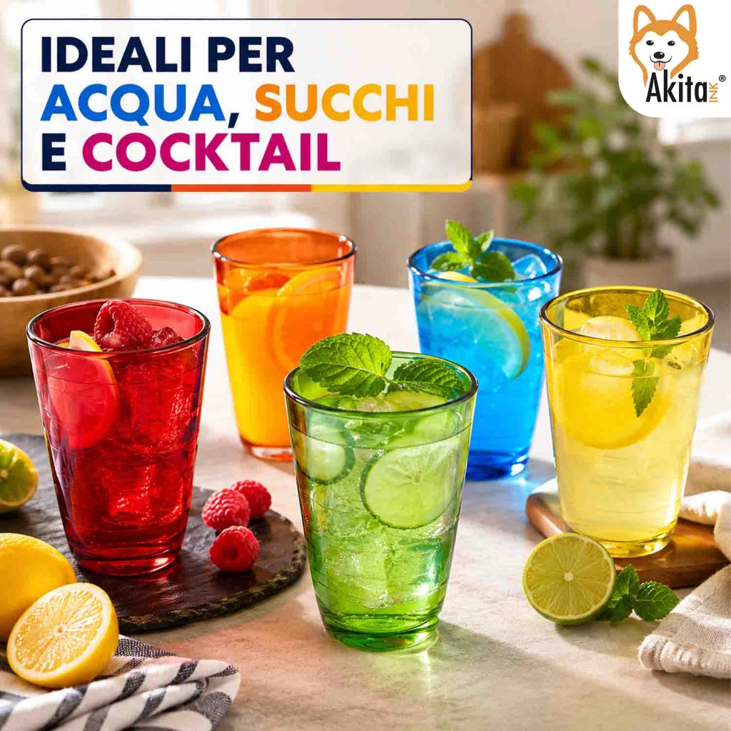 Akitaink Set 6 Bicchieri in Vetro Colorato 350 ml Multicolore