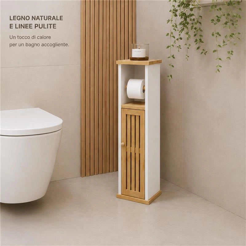 MOBILE PORTA ROTOLO IN LEGNO BIANCO CON ANTA IN BAMBOO DIMENSIONI 18X18X75 CM