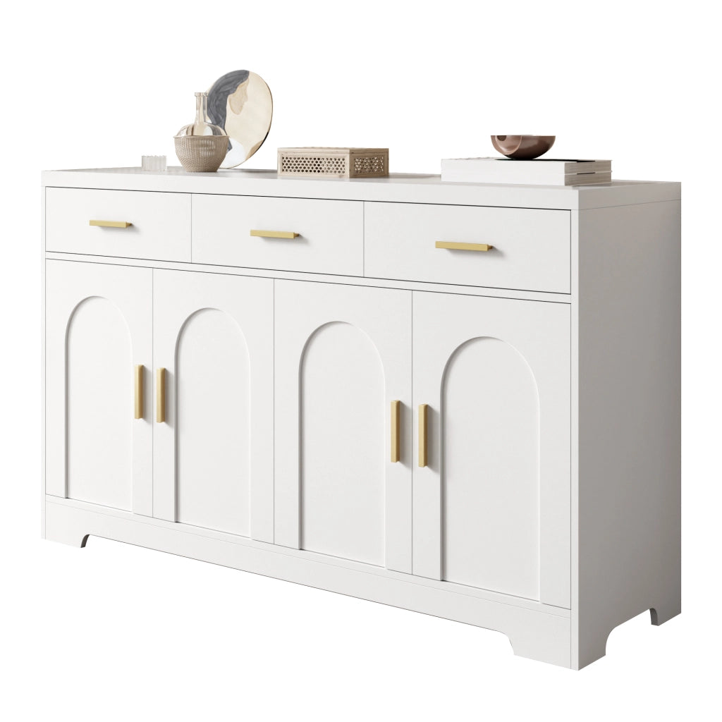 Sideboard bianco con 4 ante ad arco, 3 cassetti e ripiani regolabili, struttura in MDF