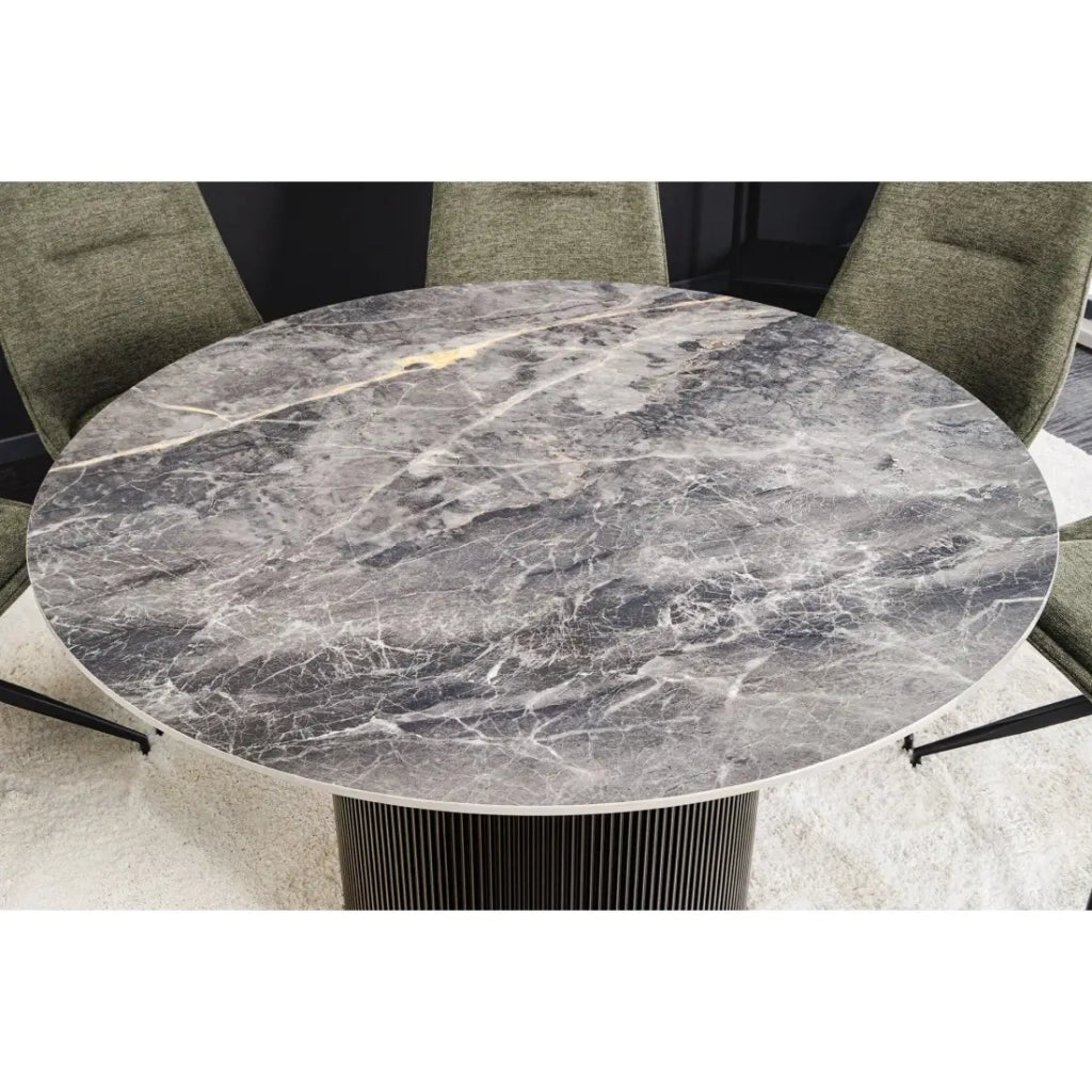 Tavolo da pranzo LUMEA – Rotondo 120 cm – Effetto marmo grigio scuro – Piede centrale largo – Stile contemporaneo
