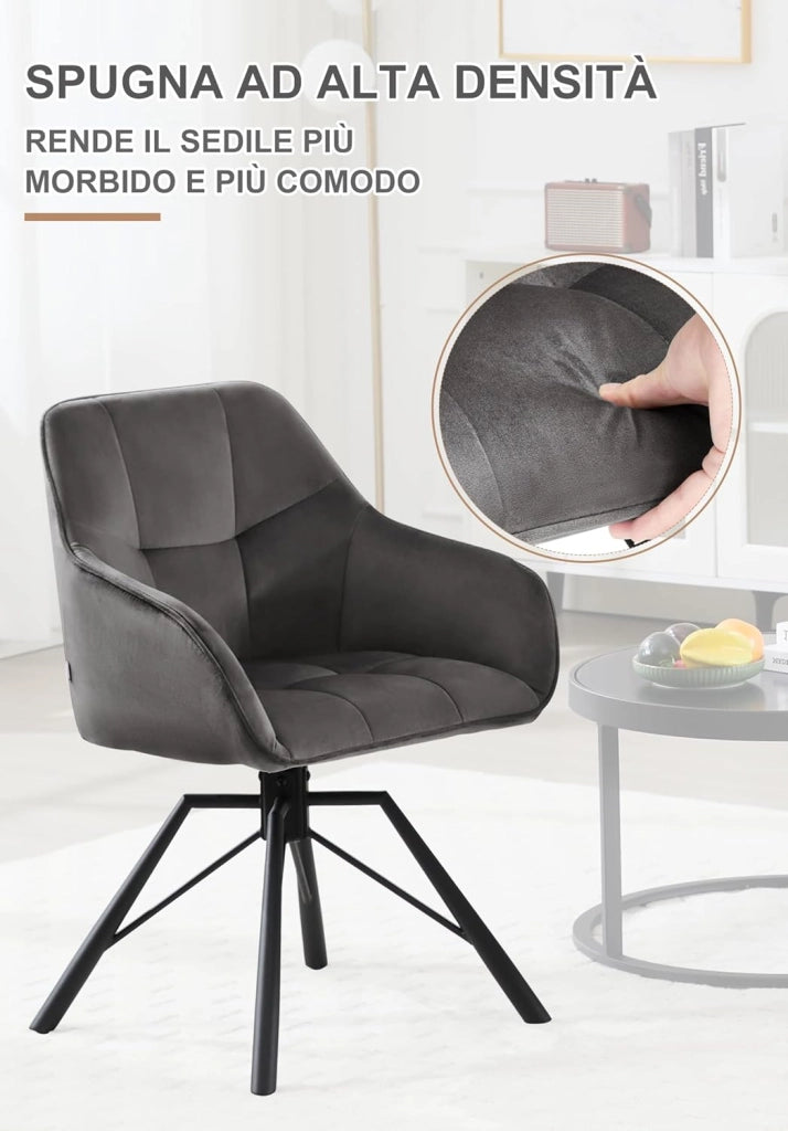 Sedia per Sala da Pranzo Girevole a 360°, Sedia da Cucina Imbottita con Gambe in Metallo, Poltroncina in Velluto per Camera da Letto, Soggiorno, Grigio Scuro, BH365dgr-1