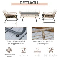 Set Mobili da Giardino Stile Boho in Rattan PE con 2 Poltrone, Divanetto e Tavolino