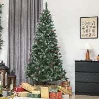 Albero di Natale Alto 210 cm da Interno con 928 Rami, Pigne e Bacche Rosse, Base in Metallo, Verde