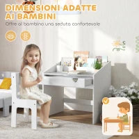 Set Sedia e Tavolino per Bambini 3-6 Anni con Organizzatore e Cassetto Estraibile, in Legno Grigio