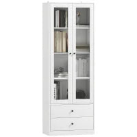 Credenza Cucina con Armadietto e 2 Cassetti, Ante in Vetro e Ripiani Regolabili, 59x30x164 cm, Bianco