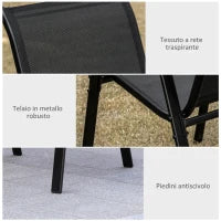 Sedie da Giardino Set 4 Pezzi con Braccioli, in Metallo e Tessuto Traspirante, 70x54x90cm, Nero