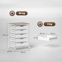 Mobiletto da ufficio su ruote in legno con 5 cassetti, maniglie incassate, 50 x 40 x 74,5 cm, bianco