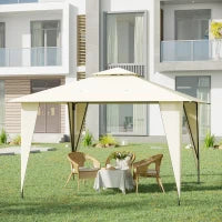 Gazebo da Giardino 3.5x3.5m in Metallo e Poliestere Beige con Doppio Tettuccio