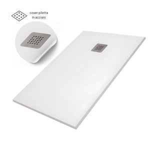Piatto doccia mineral marmo resina antiscivolo h3,5 cm con piletta *** finitura- bianco opaco, misure l140 x p80 x h3...