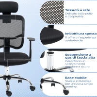 Sedia da Ufficio Ergonomica con Seduta Regolabile e Poggiatesta, in Poliestere e Acciaio, 63x62x106-114 cm, Nero