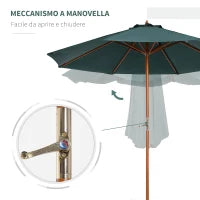 Ombrellone da giardino in legno di pioppo, copertura di poliestere Verde, Stabile, Anti-UV, Ø270 x 250cm