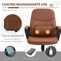 Sedia da Ufficio a Dondolo con 2 Punti Massaggianti e Porta USB, Poltrona da Ufficio in Finta Pelle Marrone con Altezza Regolabile, 59x63x92-101cm