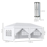 Gazebo 6x3 m Pieghevole da Giardino a 6 Pareti in Acciaio e tessuto Oxford con Funi e Picchetti, Bianco