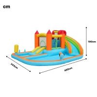 Castello gonfiabile multiuso con scivolo d'acqua, trampolino, canestro da basket e pistola ad acqua, 460x343x190 cm, Arancione