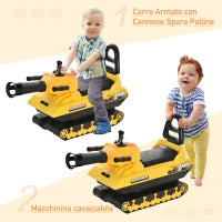 Macchina Cavalcabile per Bambini con Cannone Spara Palline e Vano Contenitore, Carro Armato per Bambini 3+Anni, 68x24x41.5cm, Giallo