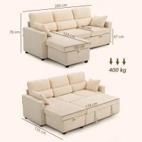 Divano Letto Angolare con Vano Contenitore, Rivestimento in Velluto a Coste e 2 Cuscini, 205x135x76 cm, Beige