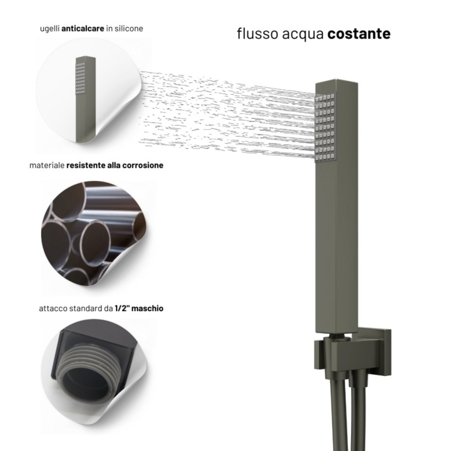 Set per doccia soffione quadro in acciaio inox 25x25 millimetri canna di fucile *** finitura- canna di fucile, confez...