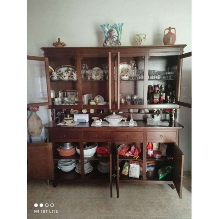 Cristalliera 8 ante 4 cassetti, in stile classico in legno e mdf con rifinitura in noce lucido 196x43x218 H