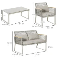 Set da Giardino 4 Pezzi in Rattan PE con 2 Poltrone, Divanetto e Tavolino da Caffè in Vetro Temperato Grigio