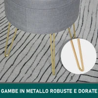 Homcom Sgabello Rotondo con Vano Contenitore in Tessuto Grigio e Oro 36x36x45cm