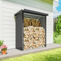 Capanno Portalegna in Acciaio da Esterno, Base Rialzata e Tetto Inclinato, 150x66.5x150 cm, Grigio Scuro