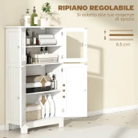 kleankin Mobiletto Bagno con due Armadietti, Ante in Vetro e Ripiano Regolabile, 60x30x108.5 cm, Bianco